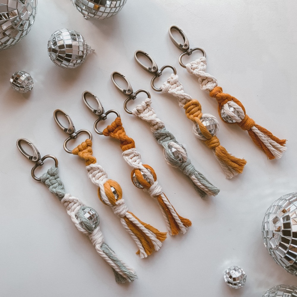 Disco Daze Keychain. Handmade macrame, disco ball keychain. IG@desertmoonmacrame